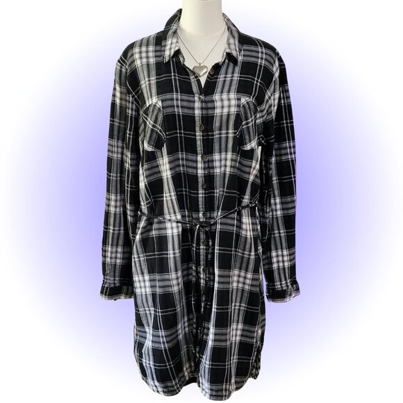 SOFT & COZY BLACK WHITE PLAID FLANNEL SHIRT DRESS 100% COTTON EUC xXL - Picture 1 of 8